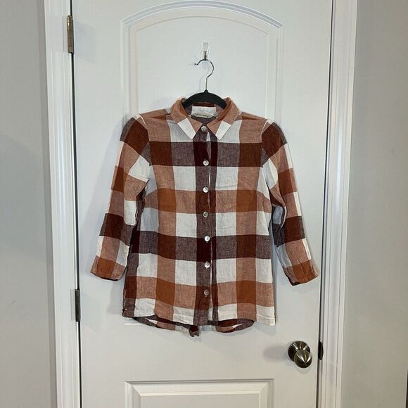 Soft Surroundings Button Up Blouse Small Petite  Linen Blend Checkered Plaid - Picture 1 of 5